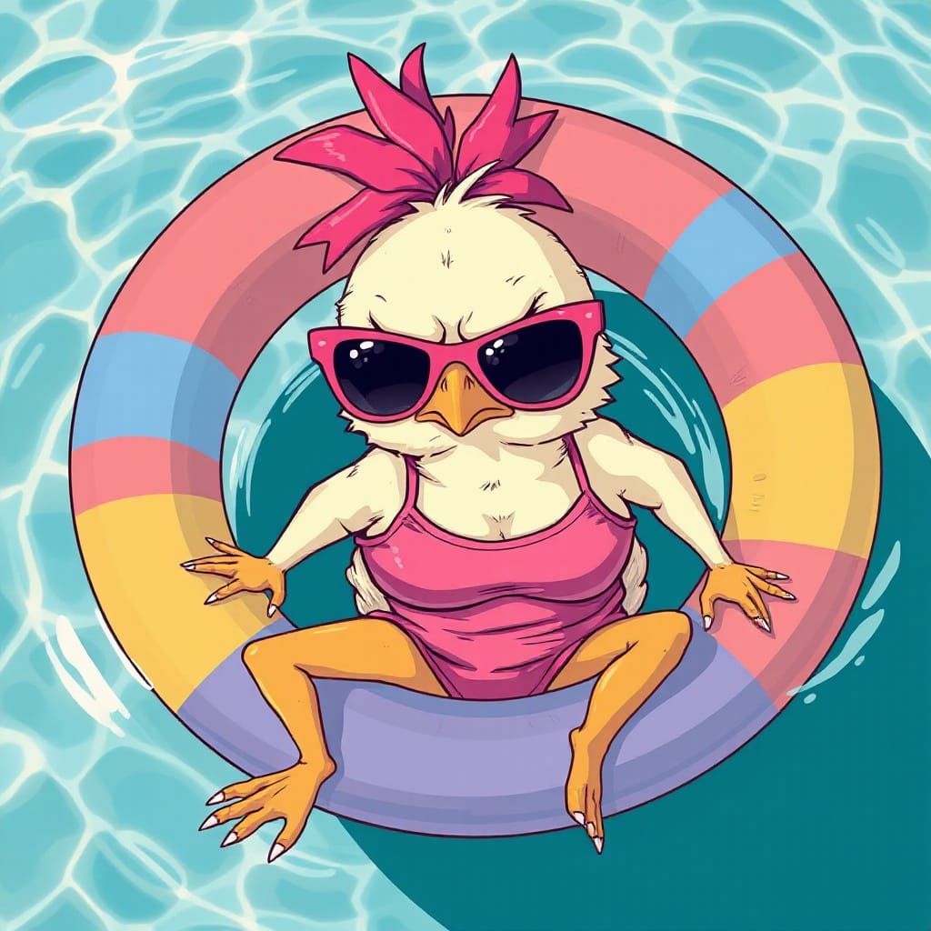 Chick in Sunglasses Floating in Pool Ring