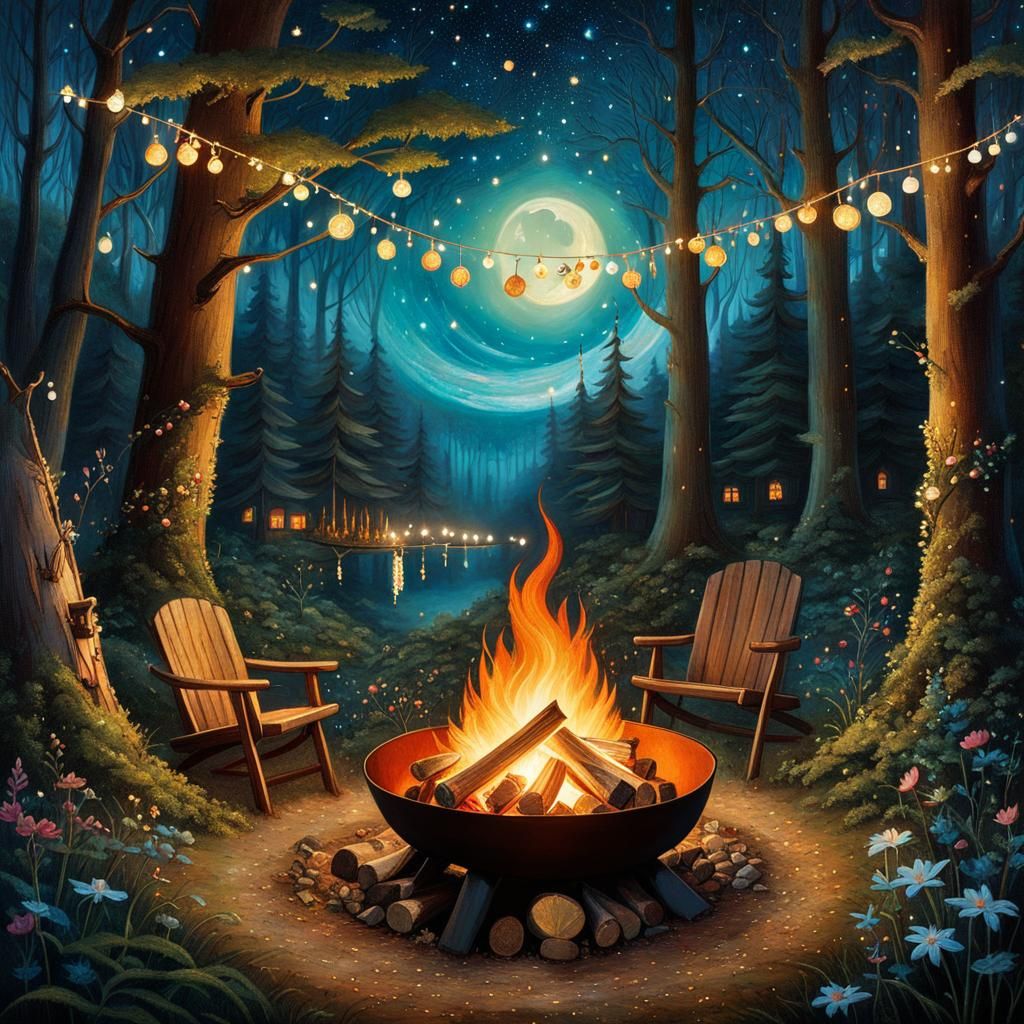Magical Campfire Scene in Enchanted Forest