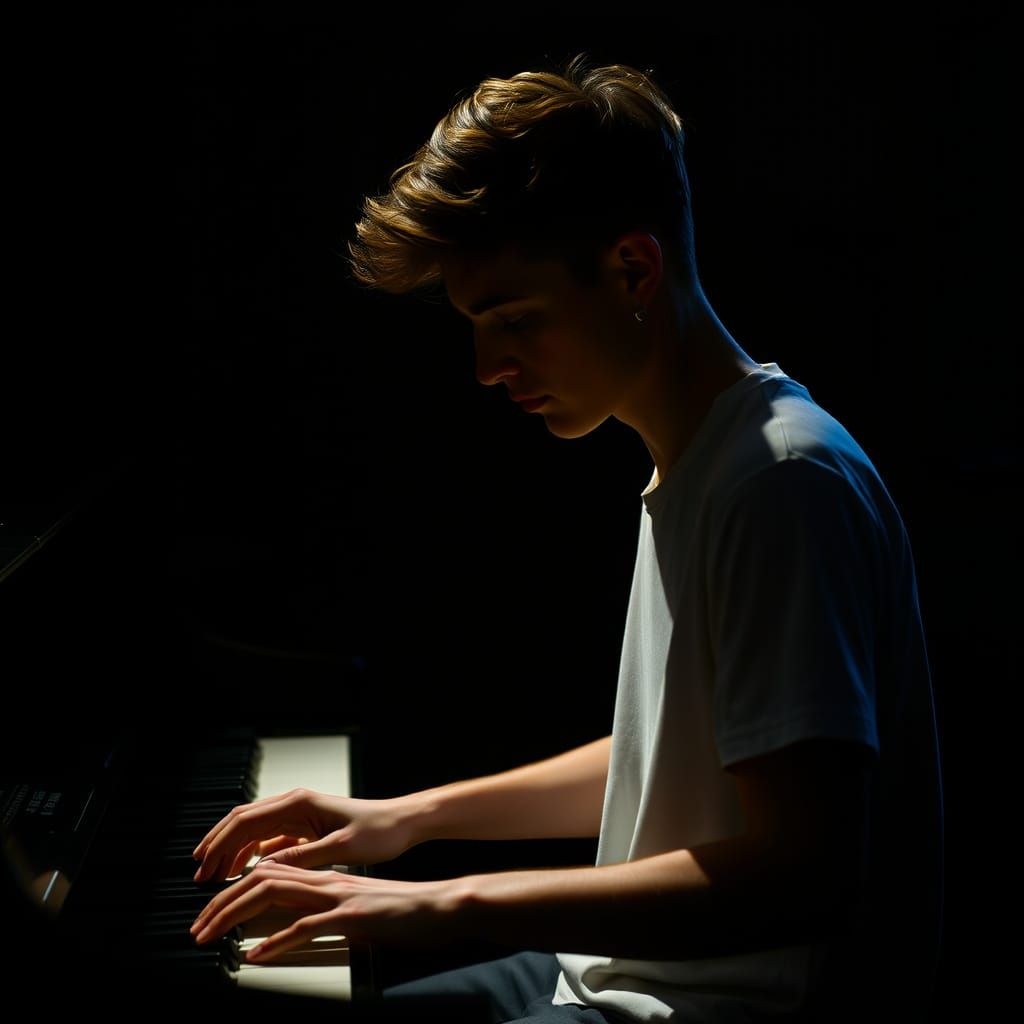 Young Male Pianist in a Dimly Lit Room