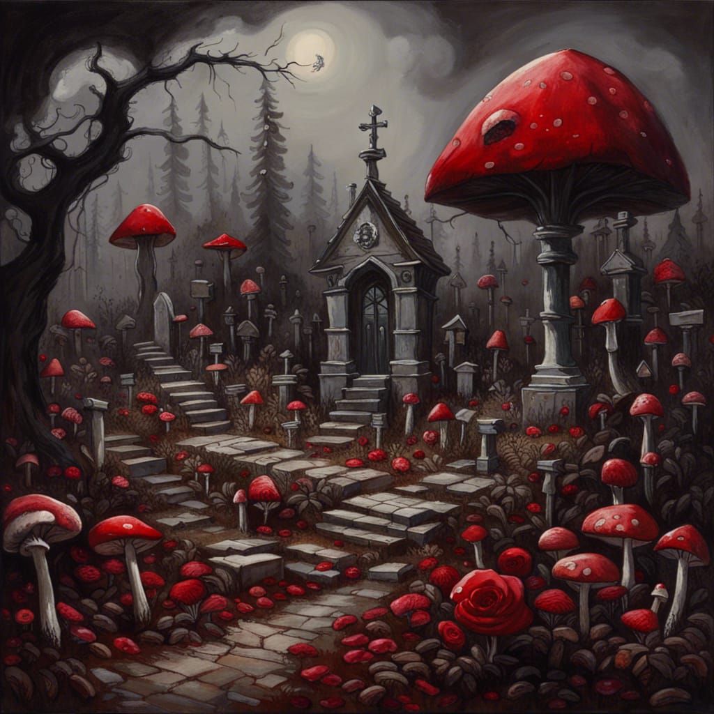 Gothic Cemetery with Crimson Roses, Ink Illustration