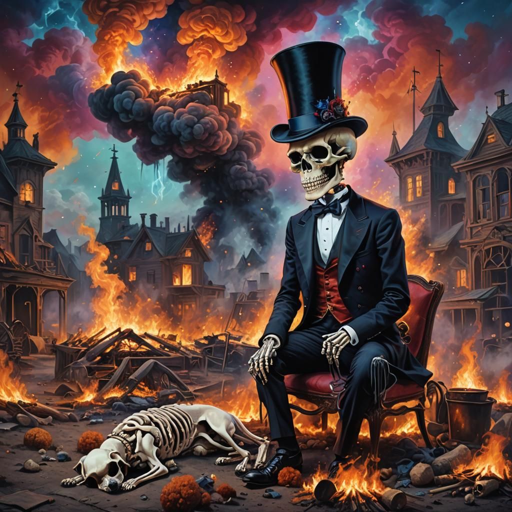 Skeleton in Top Hat Around Campfire