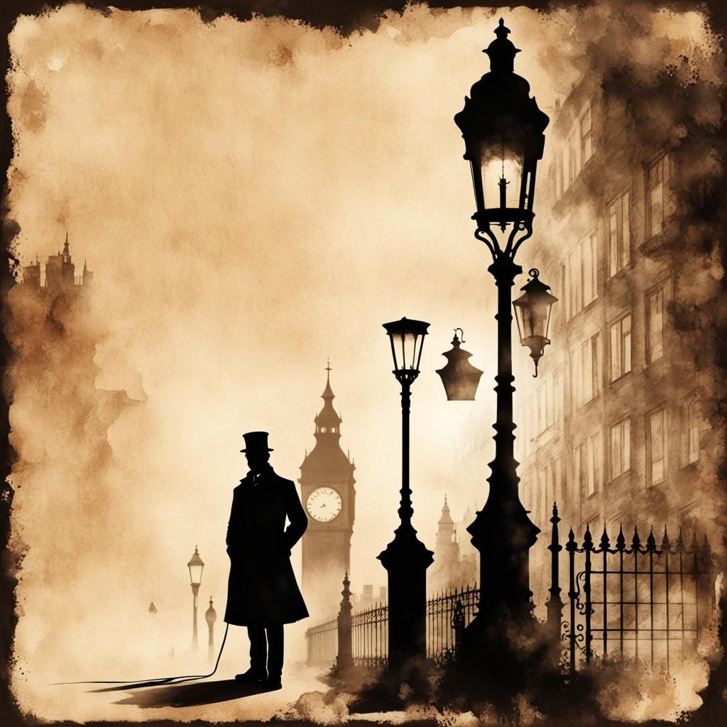 Sherlock Holmes Silhouette in Steampunk London Ink Painting