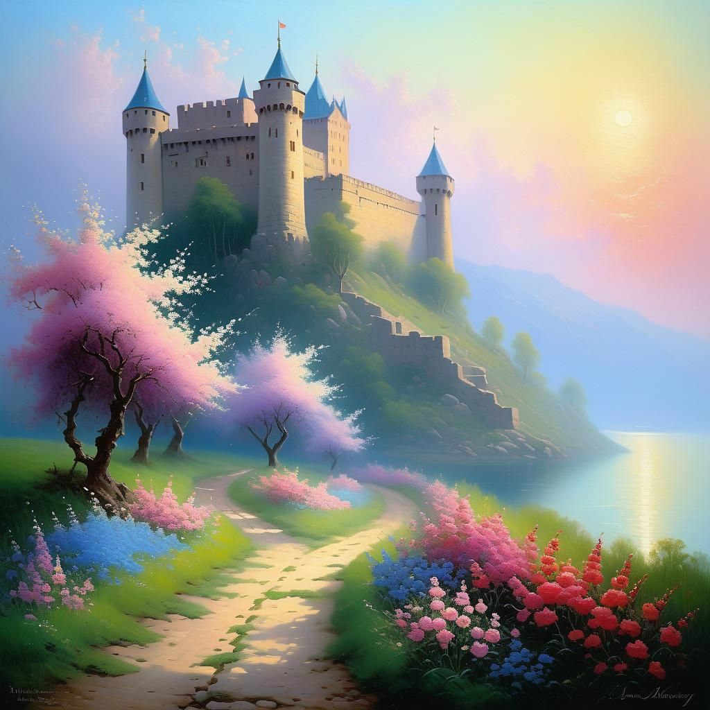 Spring Flowers Bloom Near Distant Castle