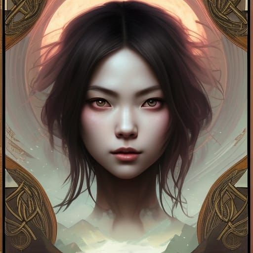 Asian Celtic Girl Portrait with Moon Background