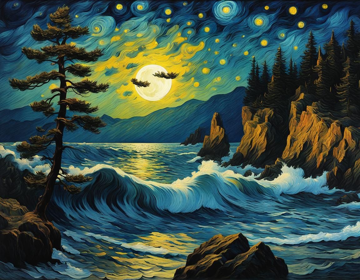 Gothic Starry Night Seascape in Van Gogh Style