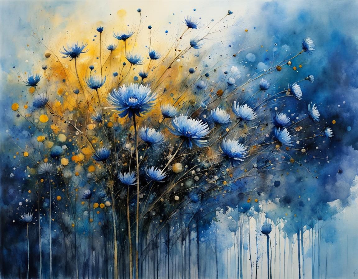 Blue Asters Bending: An Ink and Watercolor Masterpiece