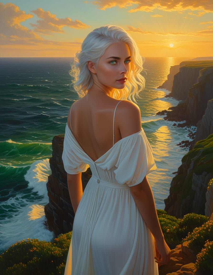 Woman on Cliff Overlooking Sea at Sunset, Romantic Realism
