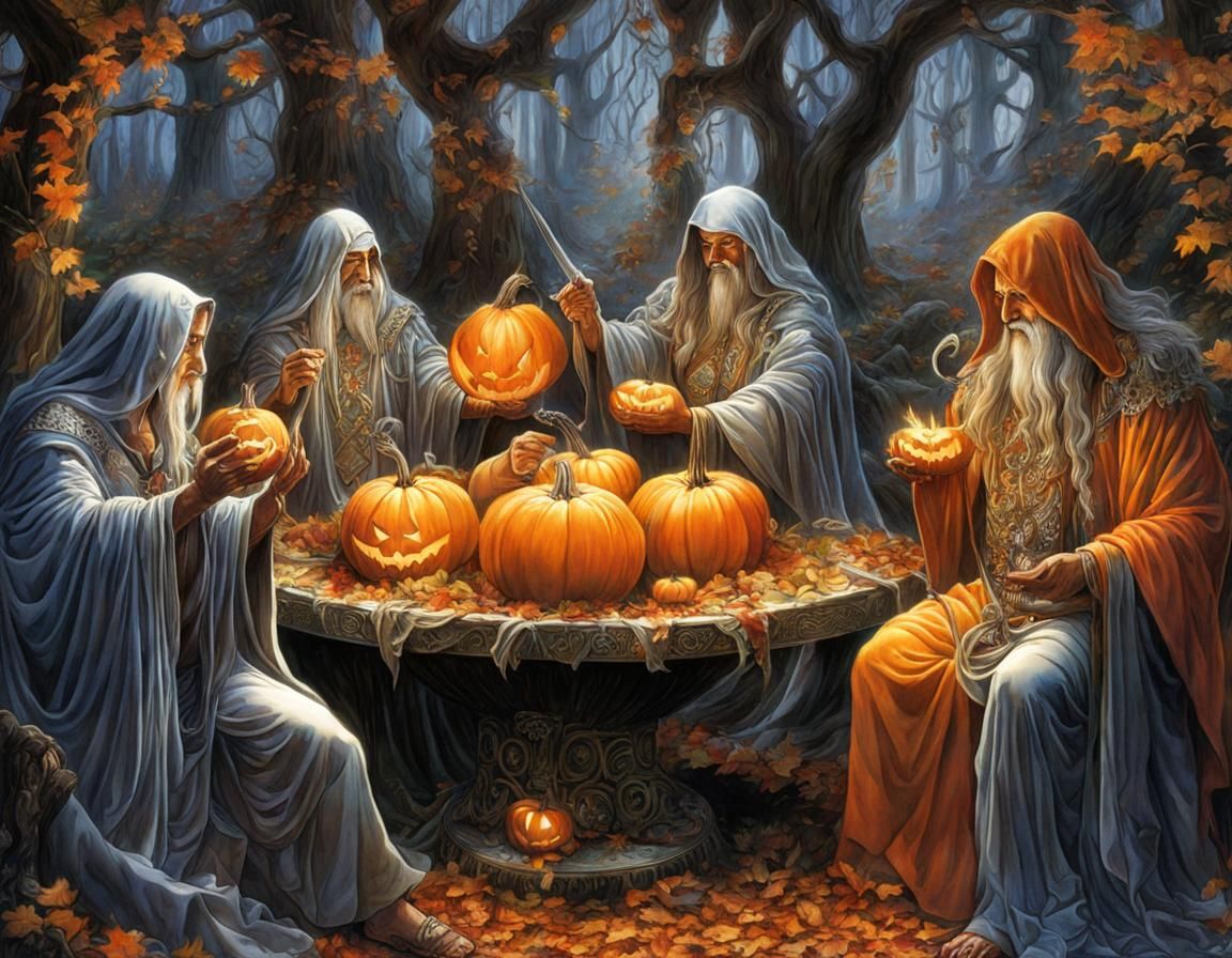 Druids Carving Pumpkins: Occult Watercolor Scene
