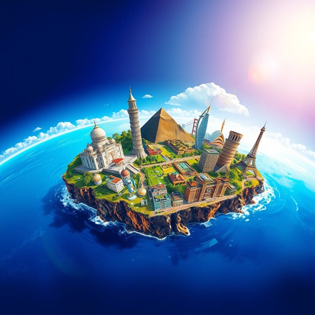 Surreal Hyperealistic Island Paradise with Iconic Buildings