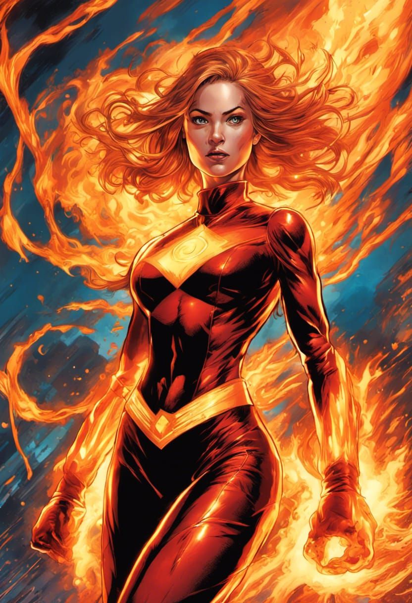 Beautiful Superheroine with Pyrokinetic fire powers: Firegirl Hyperrealistic, splash art, concept art, intricately detai...