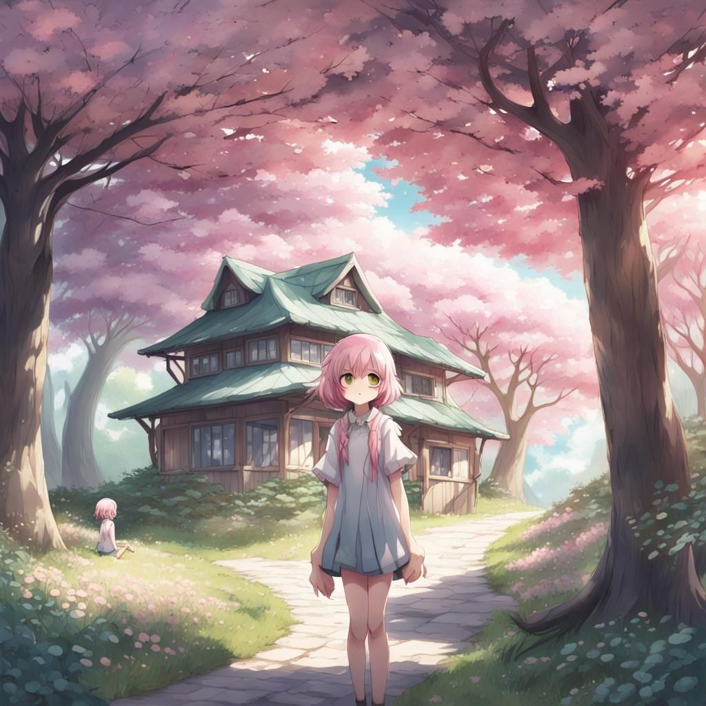 Pink Cherry Tree Forest with Anime-Style Girl
