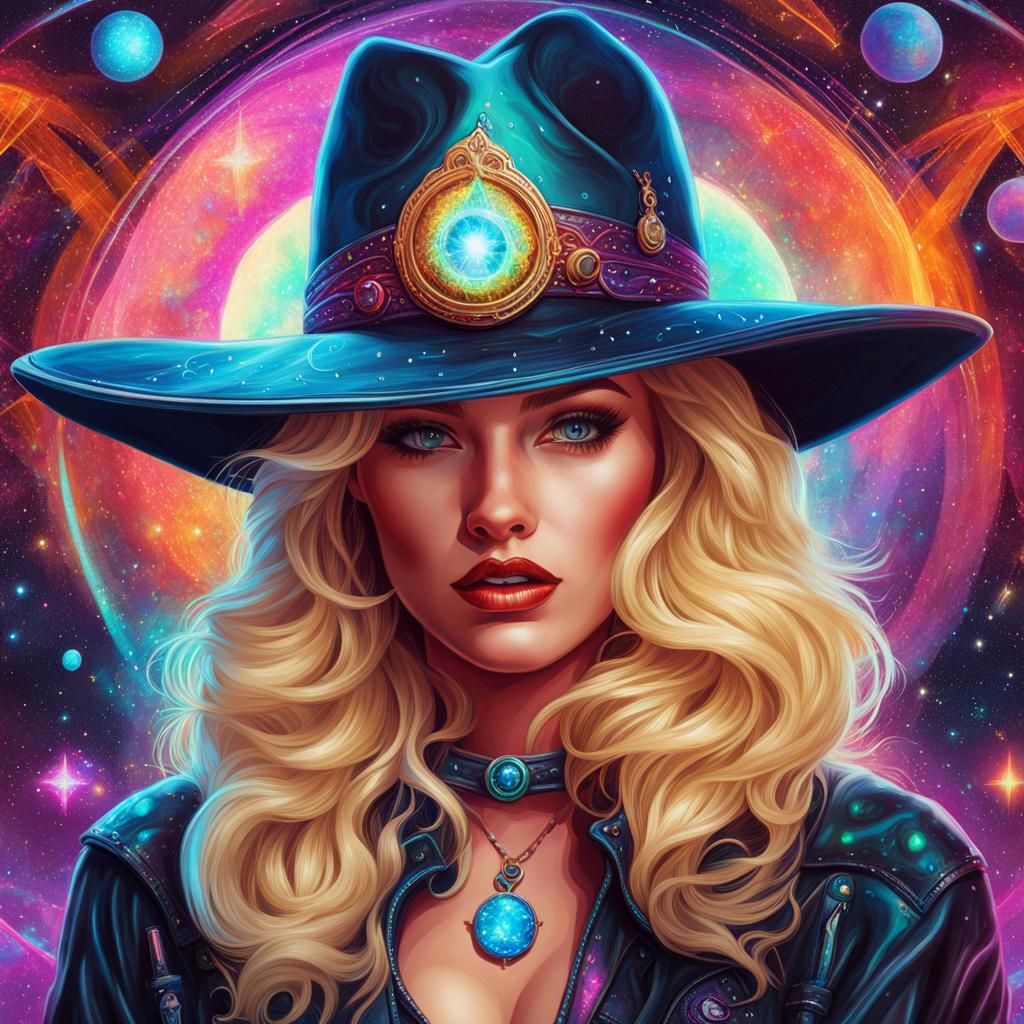 Cosmic Pinup Cowgirl Witch in Astral Illustration