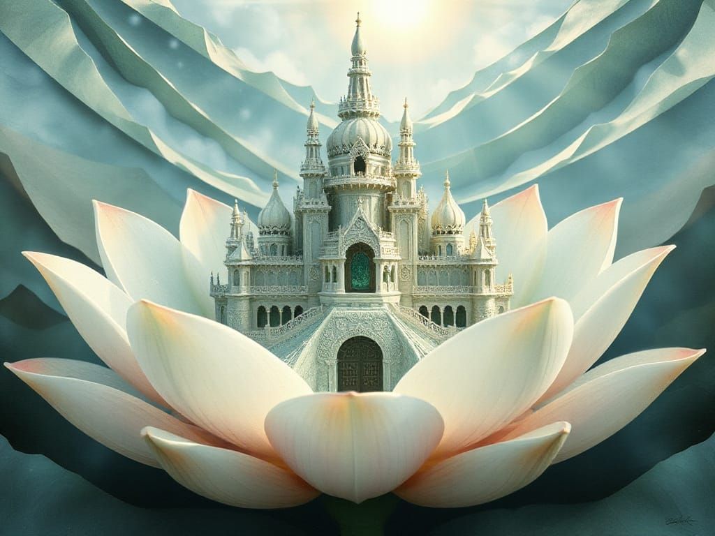 Jade Castle in Lotus Flower: Surreal Watercolor