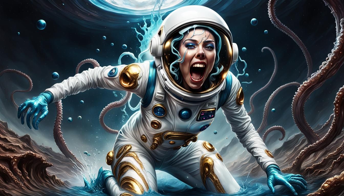 Terrified Astronaut Girl on Alien Planet in Hyperrealism