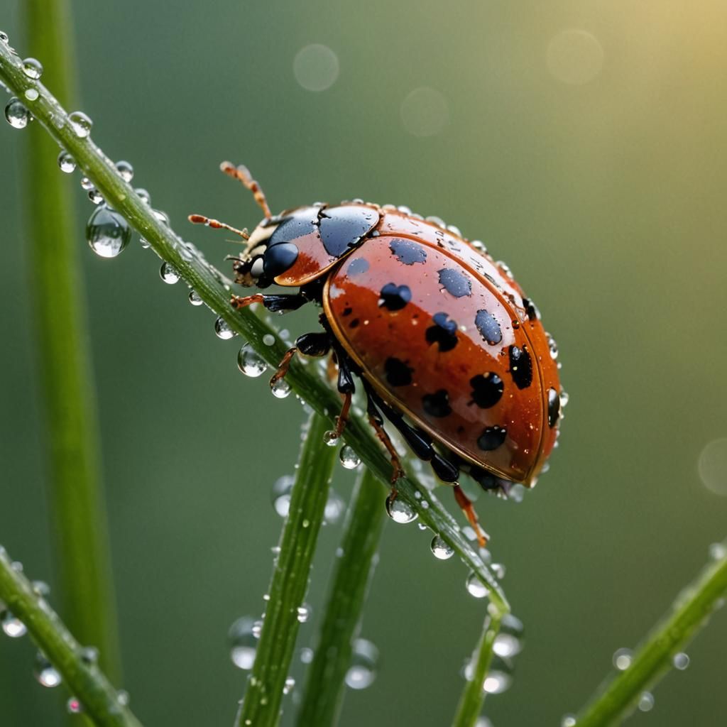 Ladybug with Dew Drops: Extreme Close-Up