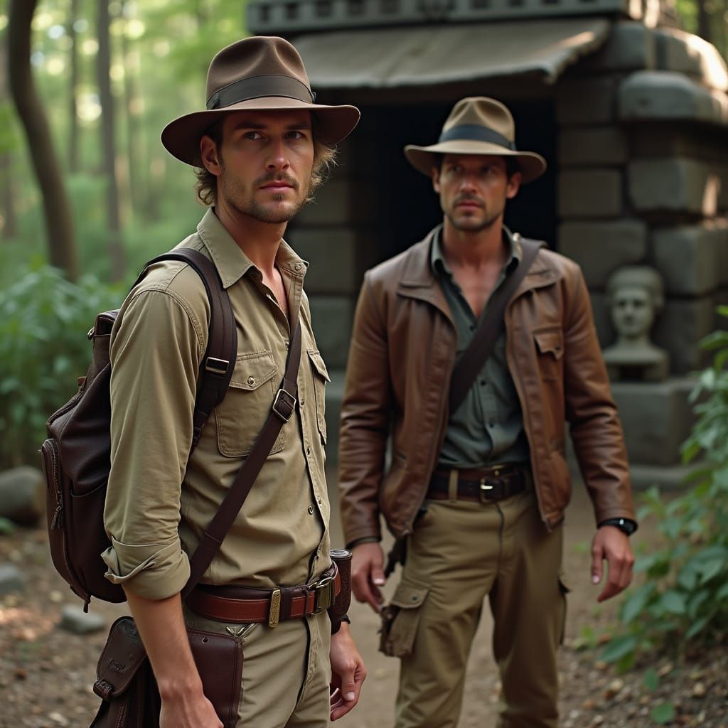 Adventurer Explores Forest Shrine with Mayan Statuette