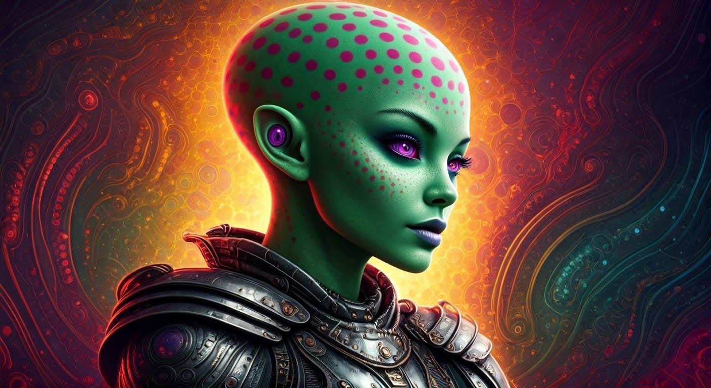 Alien Woman Rides Elephant in Hyperrealistic Style