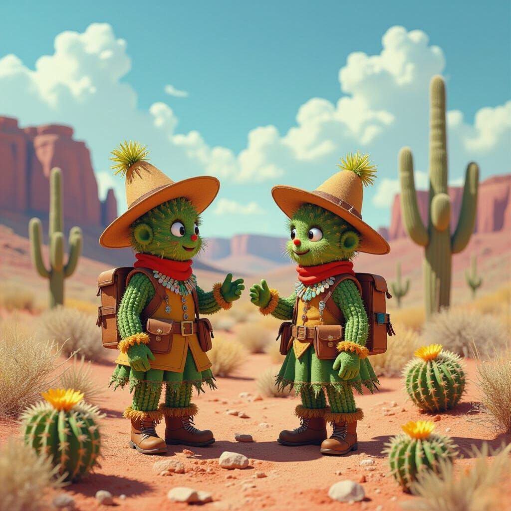 Cactus People in Surreal Desert Gouache Painting