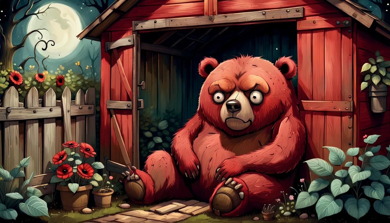 Grumpy Red Bear Seeks Peace in Cozy Garden Shed