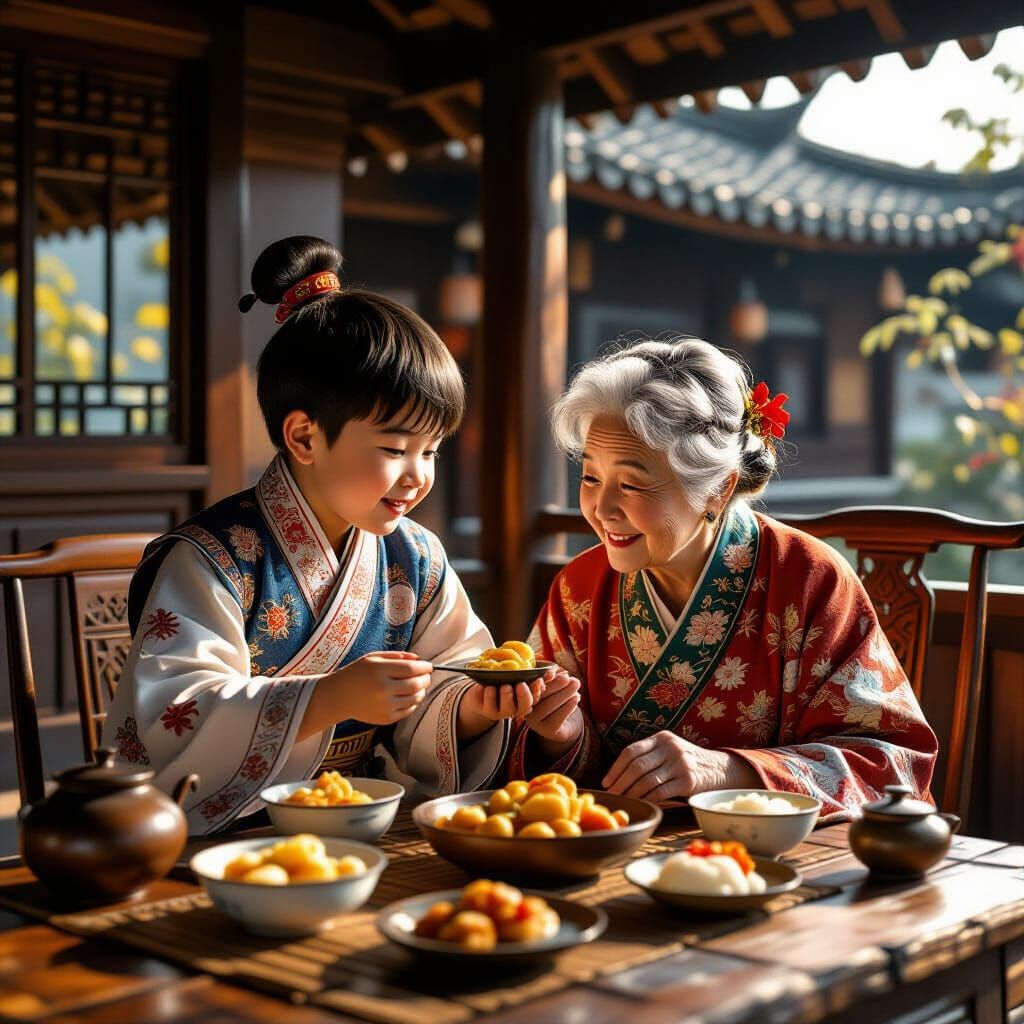Touching Portrait of a Boy Feeding His Grandmother