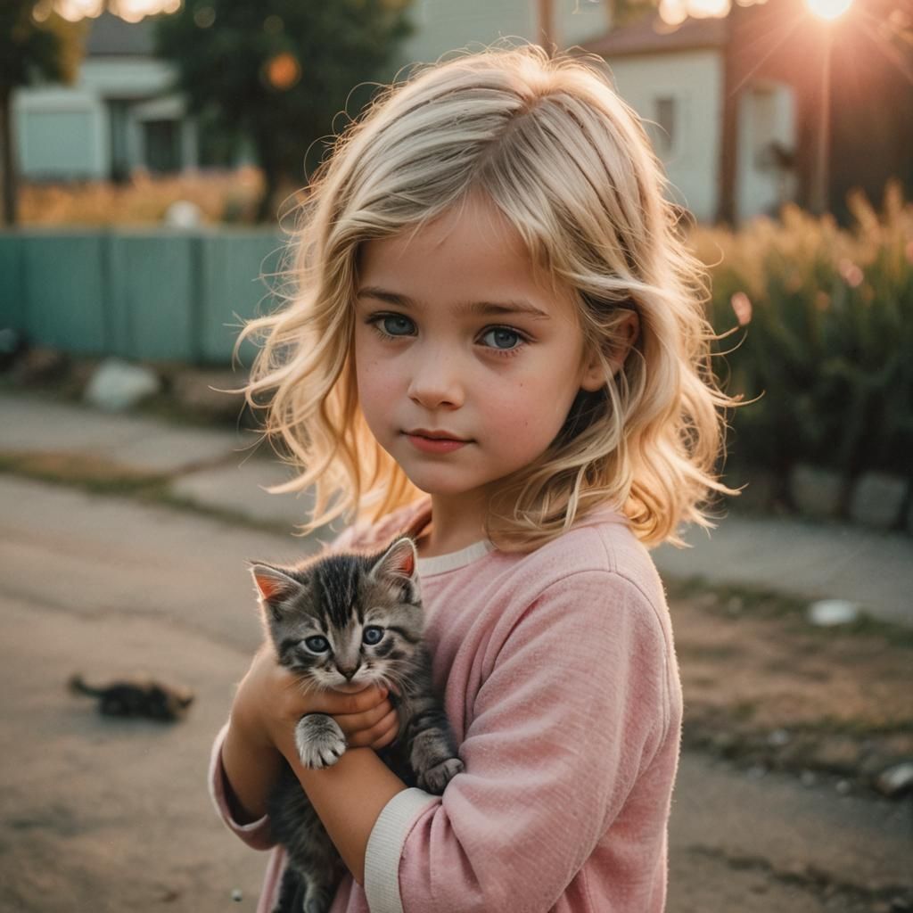 Girl with Kitten in Golden Sunset Light