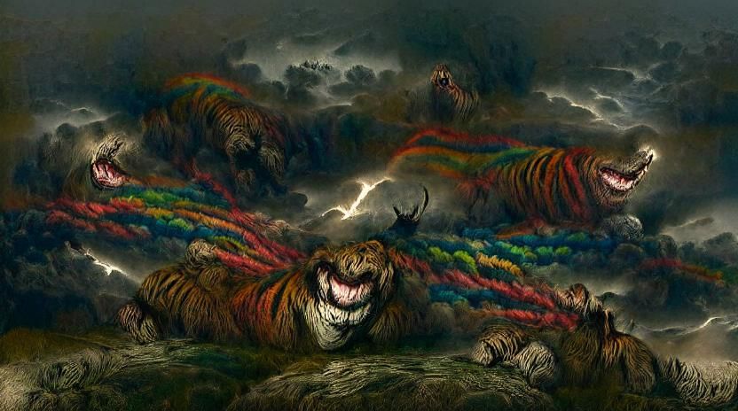 Rainbow Tiger Flying Over the World