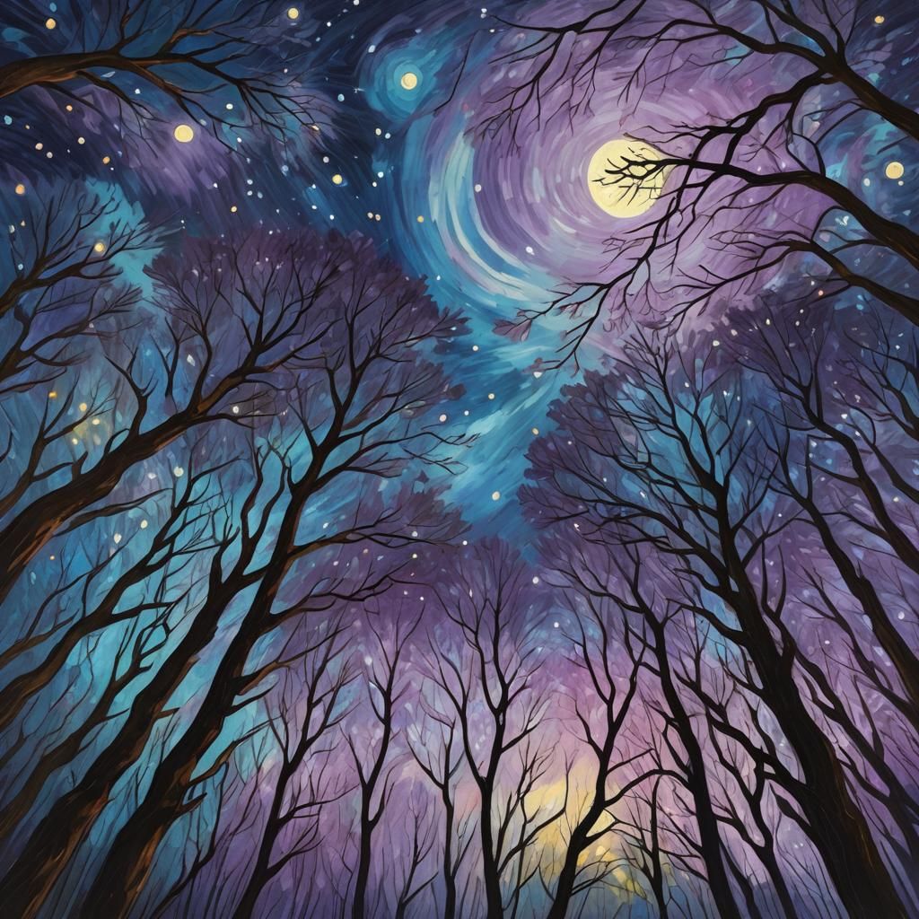 Moonlit Forest: Van Gogh-Inspired Impressionist Nightscape