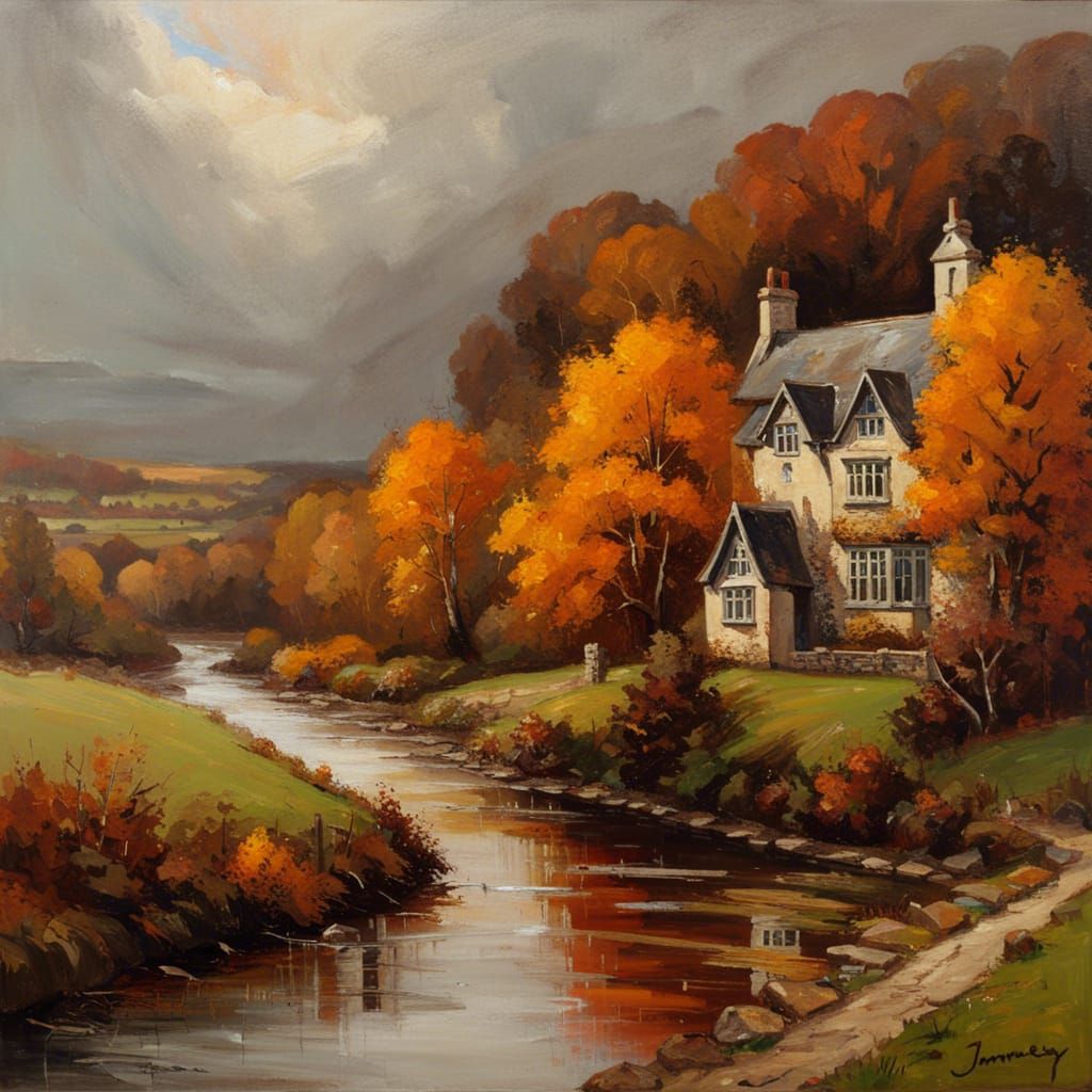 Gothic English Cottage by River in Autumnal Woods