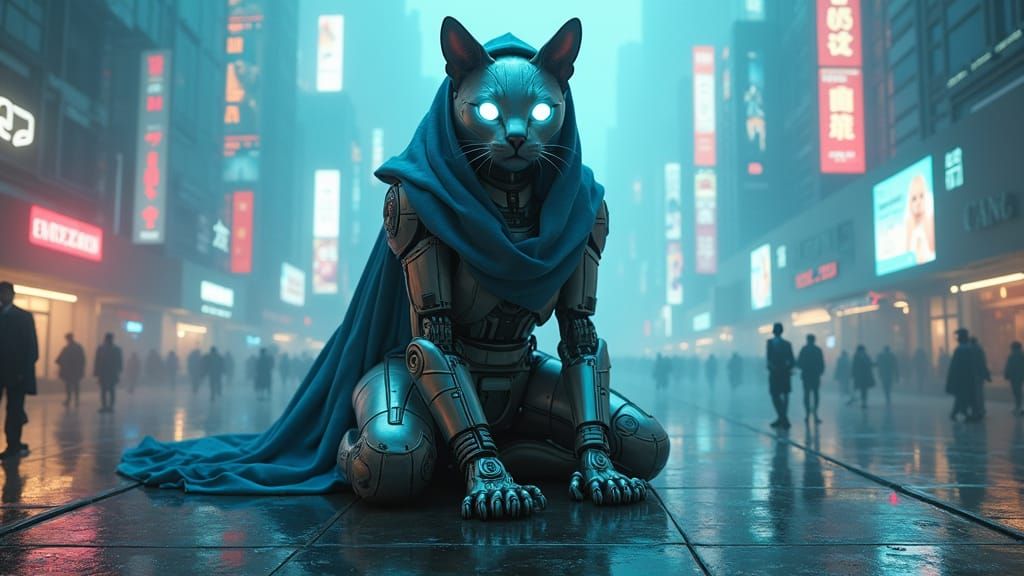 Gigantic Cat Robot in Futuristic Cityscape
