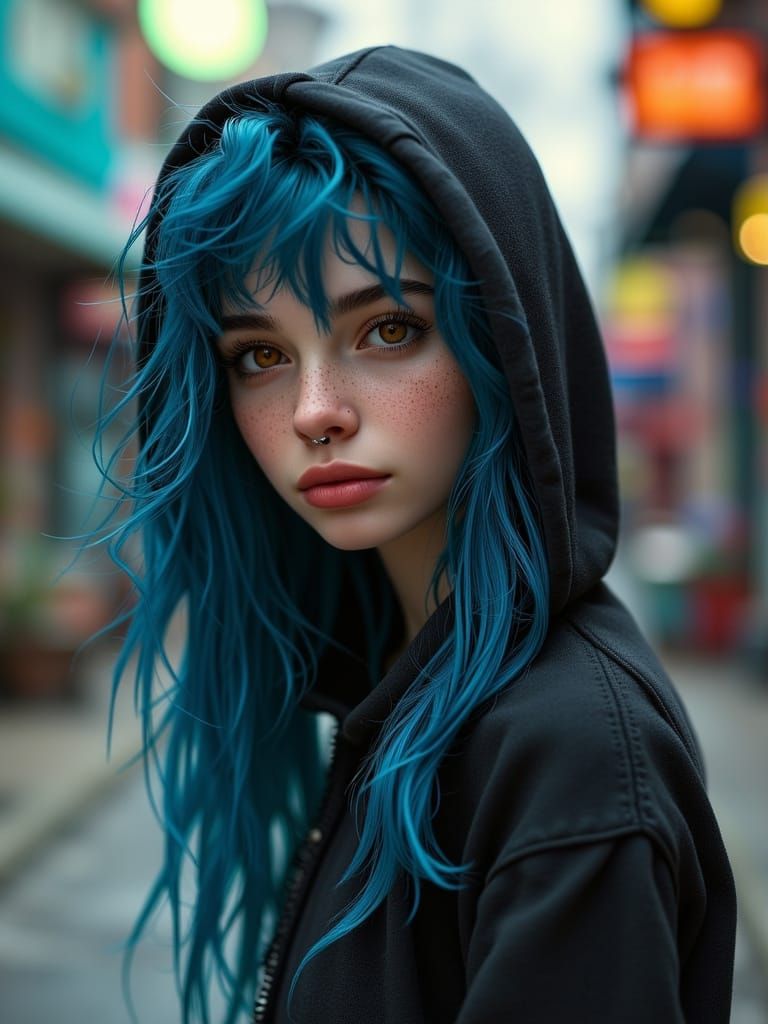 Emo Girl Portrait with Blue Hair, Photorealistic Style