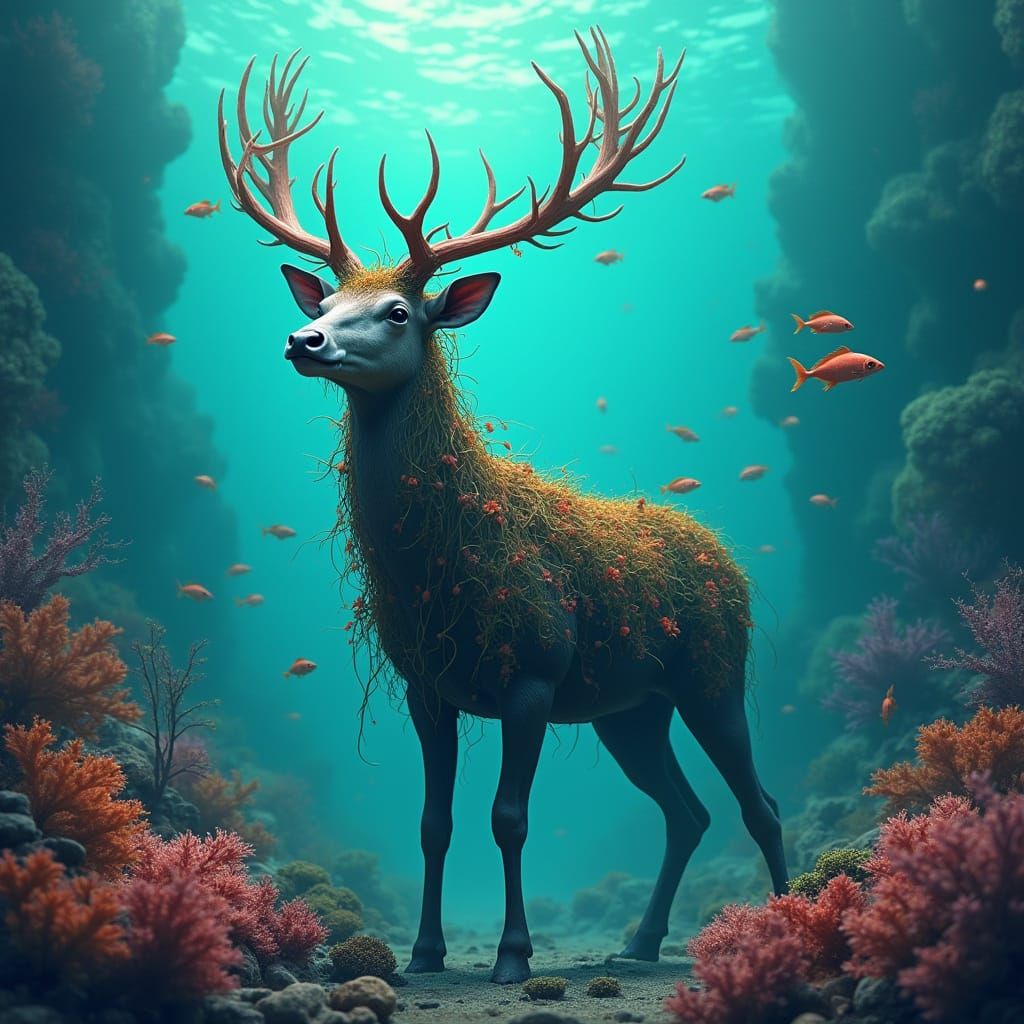Eerie Deer in a Photorealistic Submarine Landscape