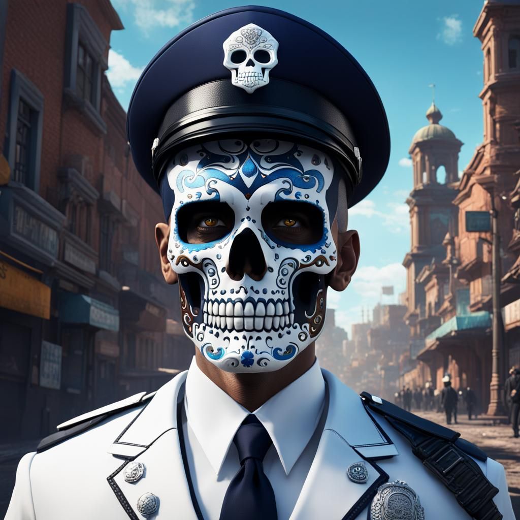 Sugar Skull Man in Police Uniform, Detailed Matte Painting