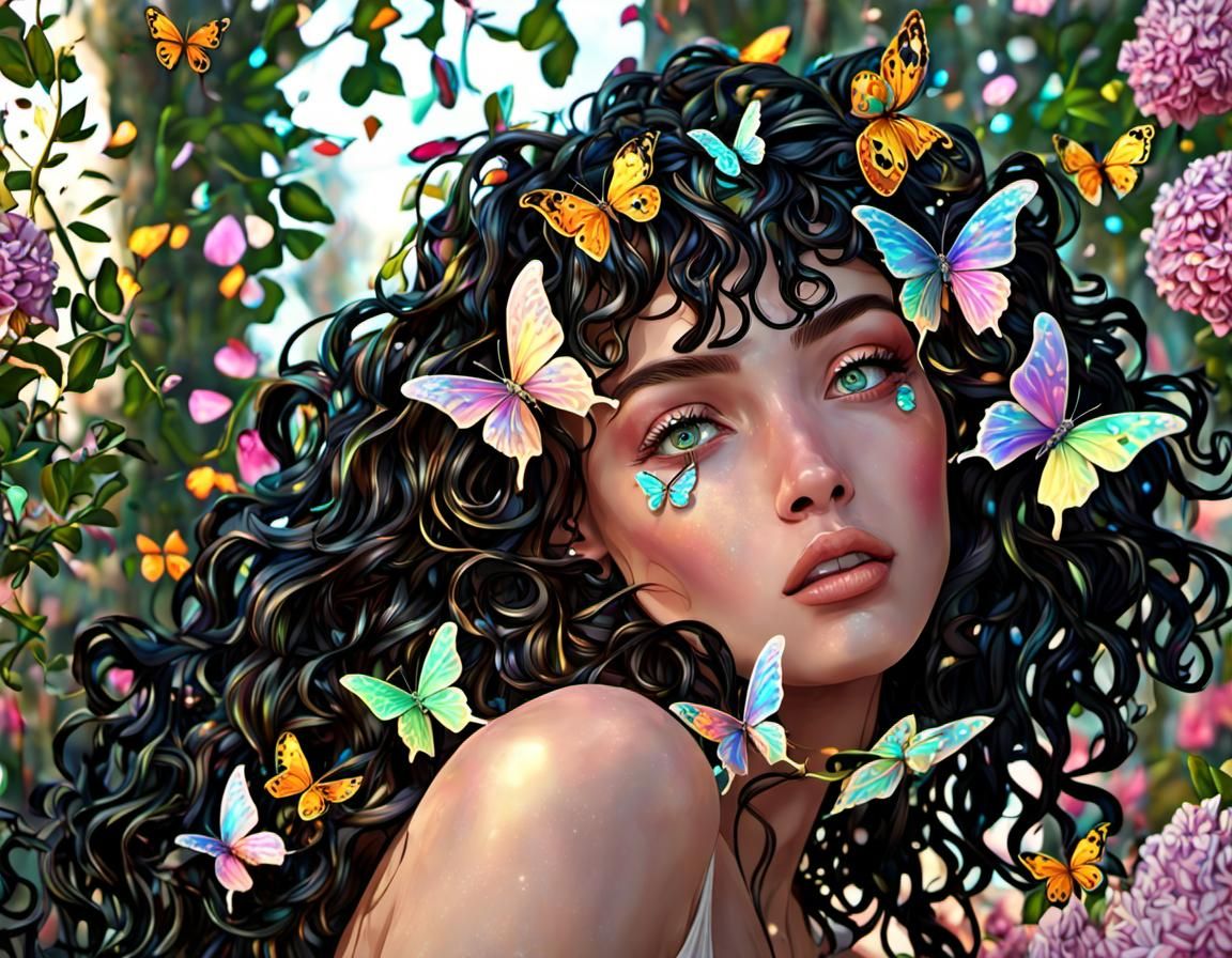 Ethereal beauty with magical curly black hair with butterflies in and shimmery flowers and green eyes& ethereal vibes& m...