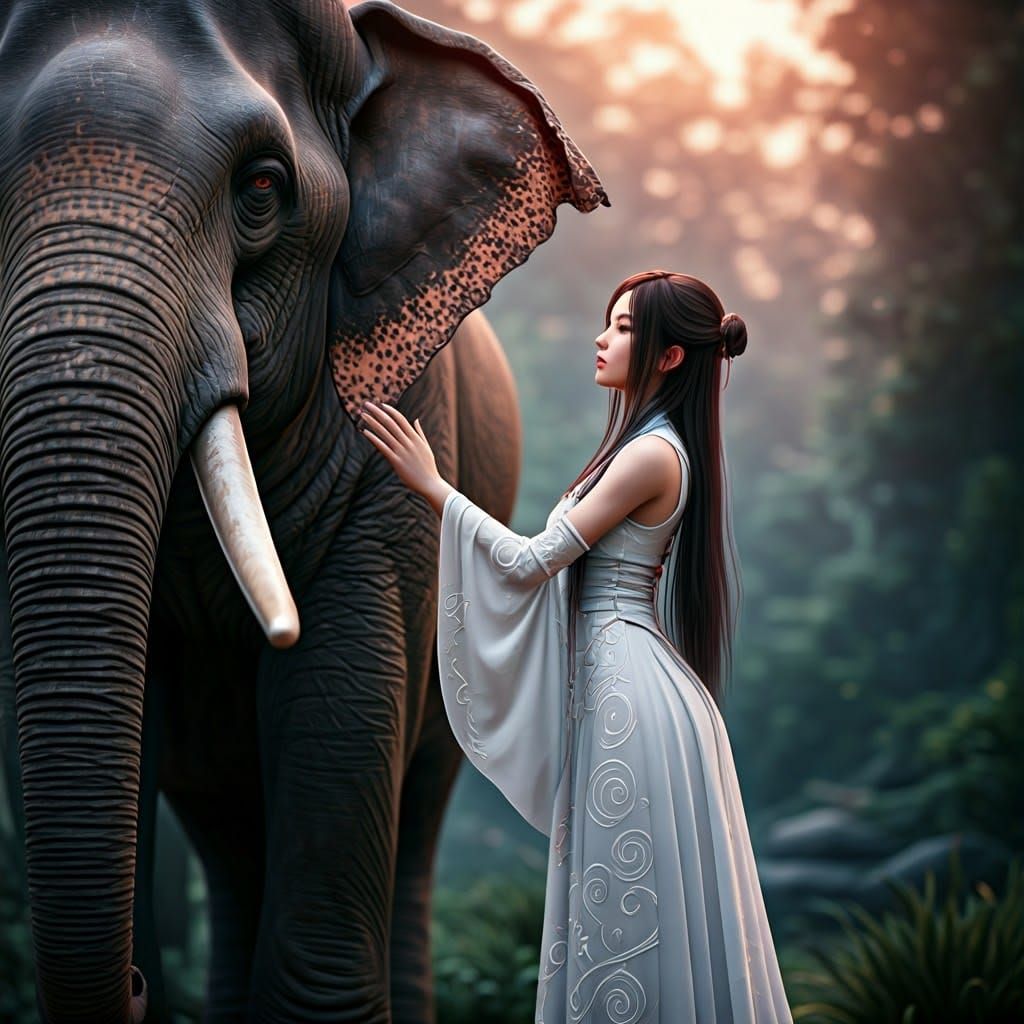 Woman and Elephant in Mystical Forest