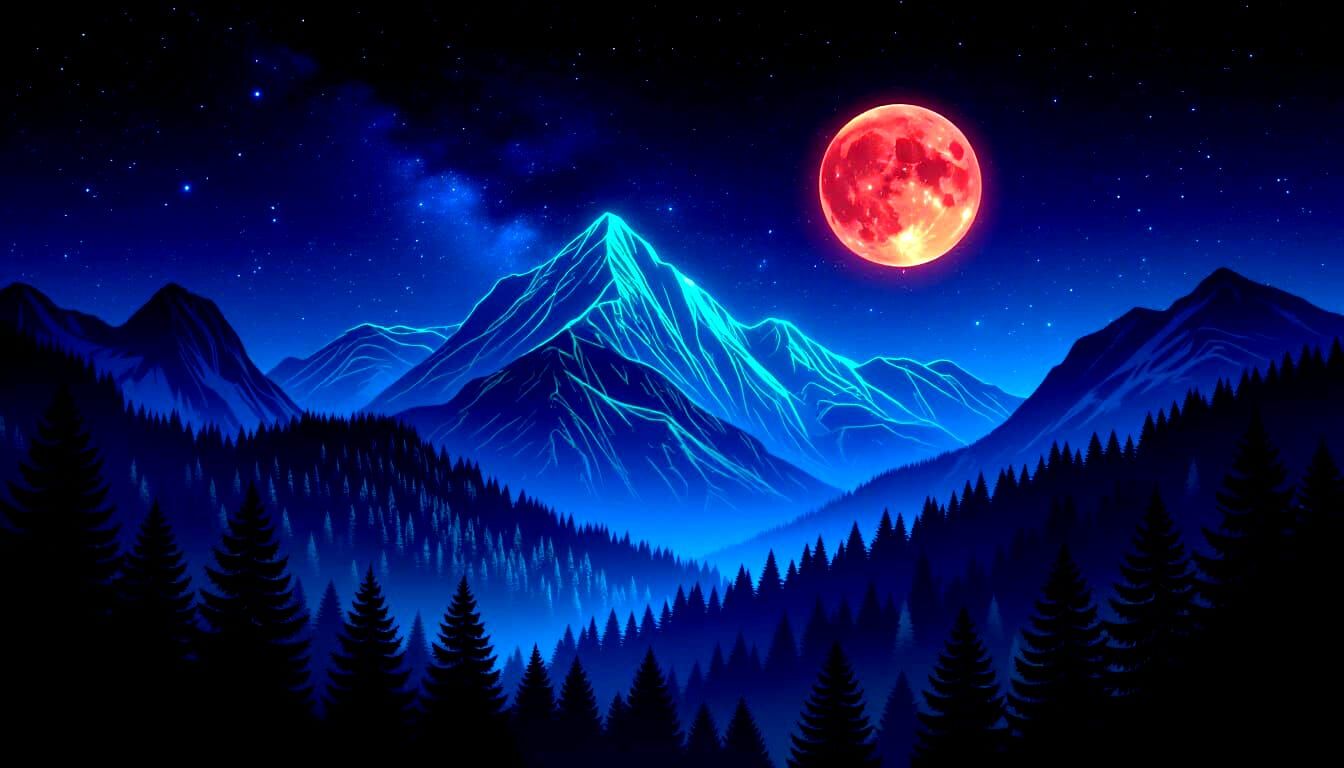 Bioluminescent Neon Mountain Forest Under Starry Sky