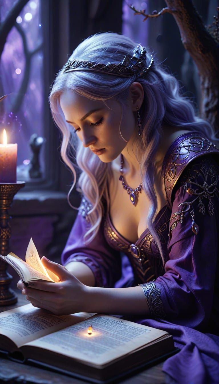 Elven Guardian Reading Spellbook in Moonlit Archive