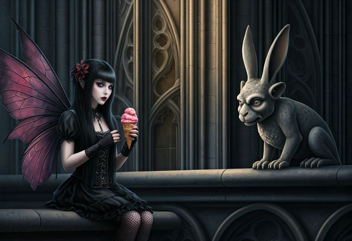 Goth Fairy Sits with Gargoyle Friend in Gothic Church