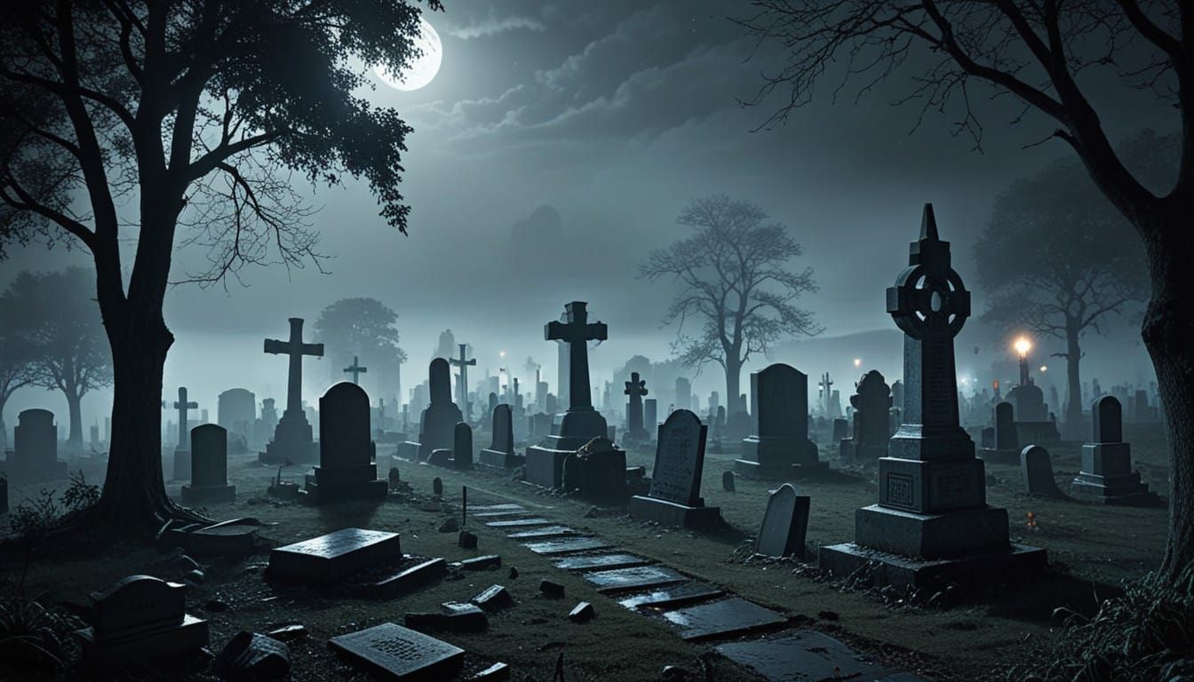 Surreal Misty Graveyard Scene at Night