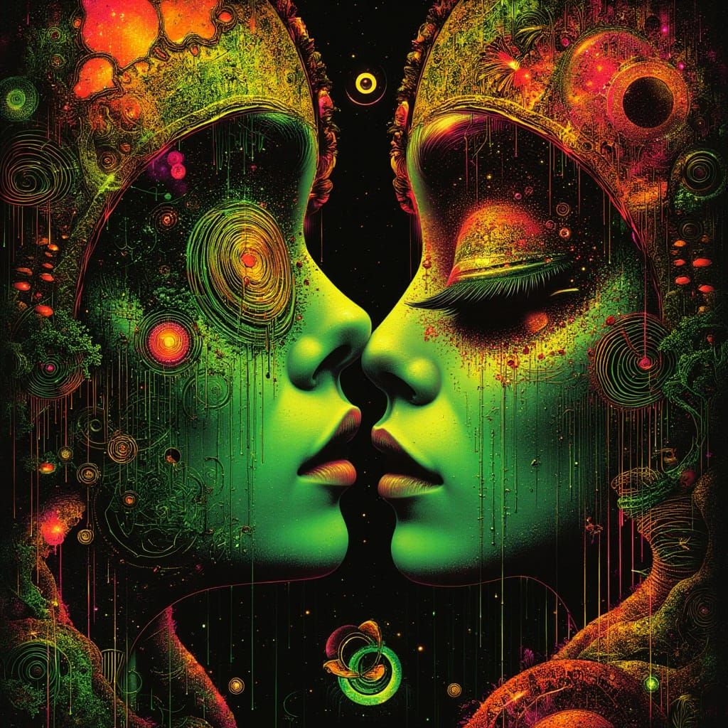 Neon Victorian Duo in Psychedelic Surrealism Style
