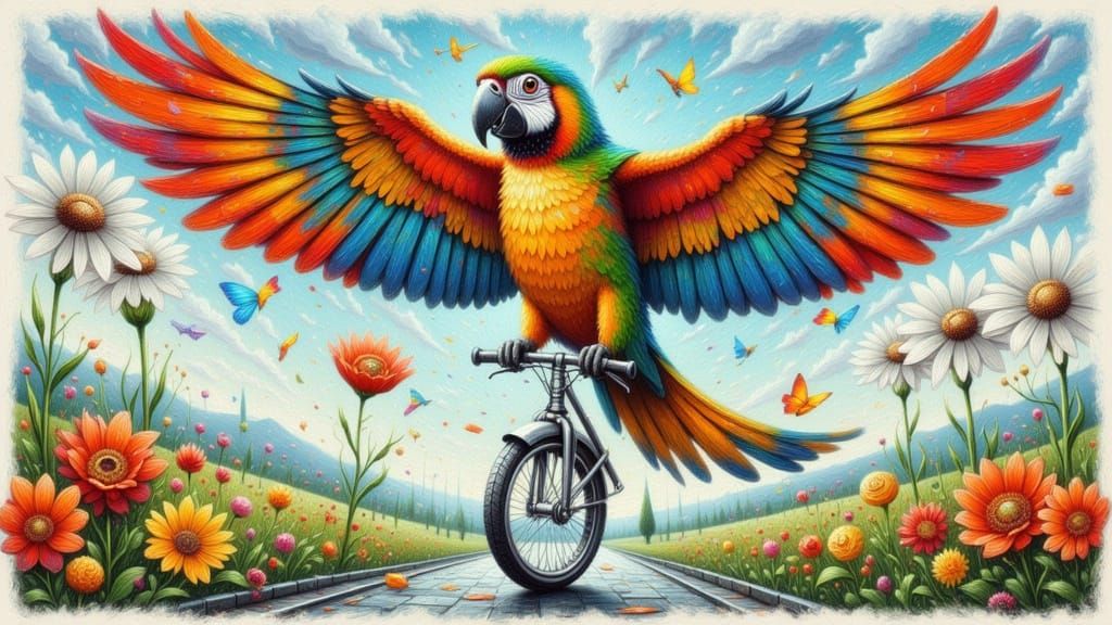 Vibrant colorful parrot with wings spread riding a unicycle