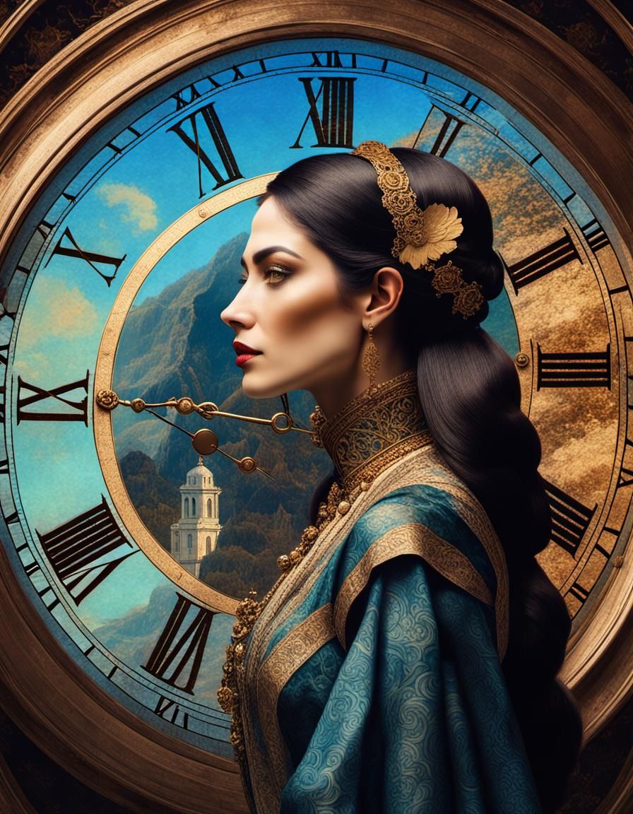 Double Exposure: Woman and Timepiece in Art Nouveau Style