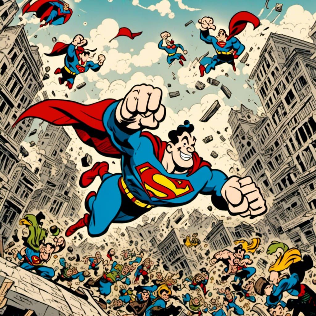 Popeye as Superman Flies Over Metropolis