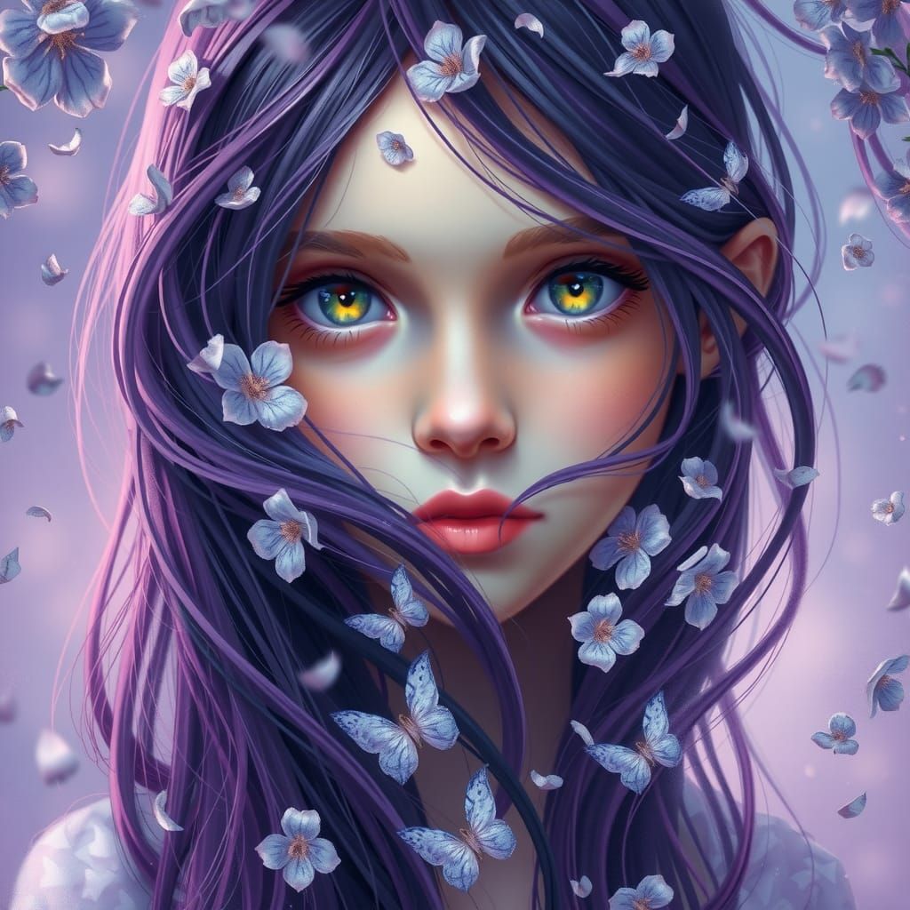 Girl with Green Eyes and Purple Blossoms, Hyperrealism