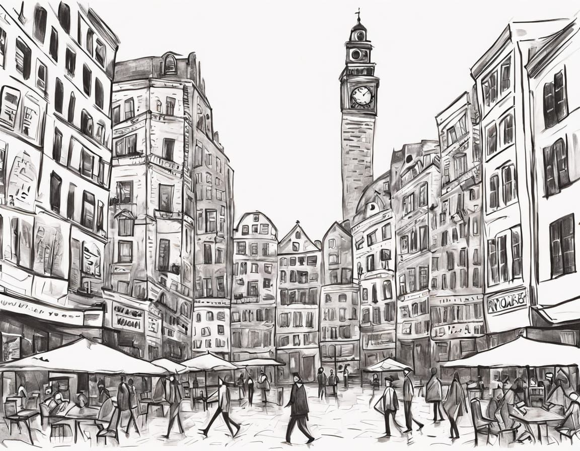 City Square Clocktower with Stick Figures in Hand-Drawn Styl...