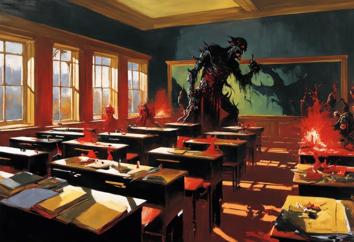 Eldritch Classroom Scene with Ghouls and Monsters