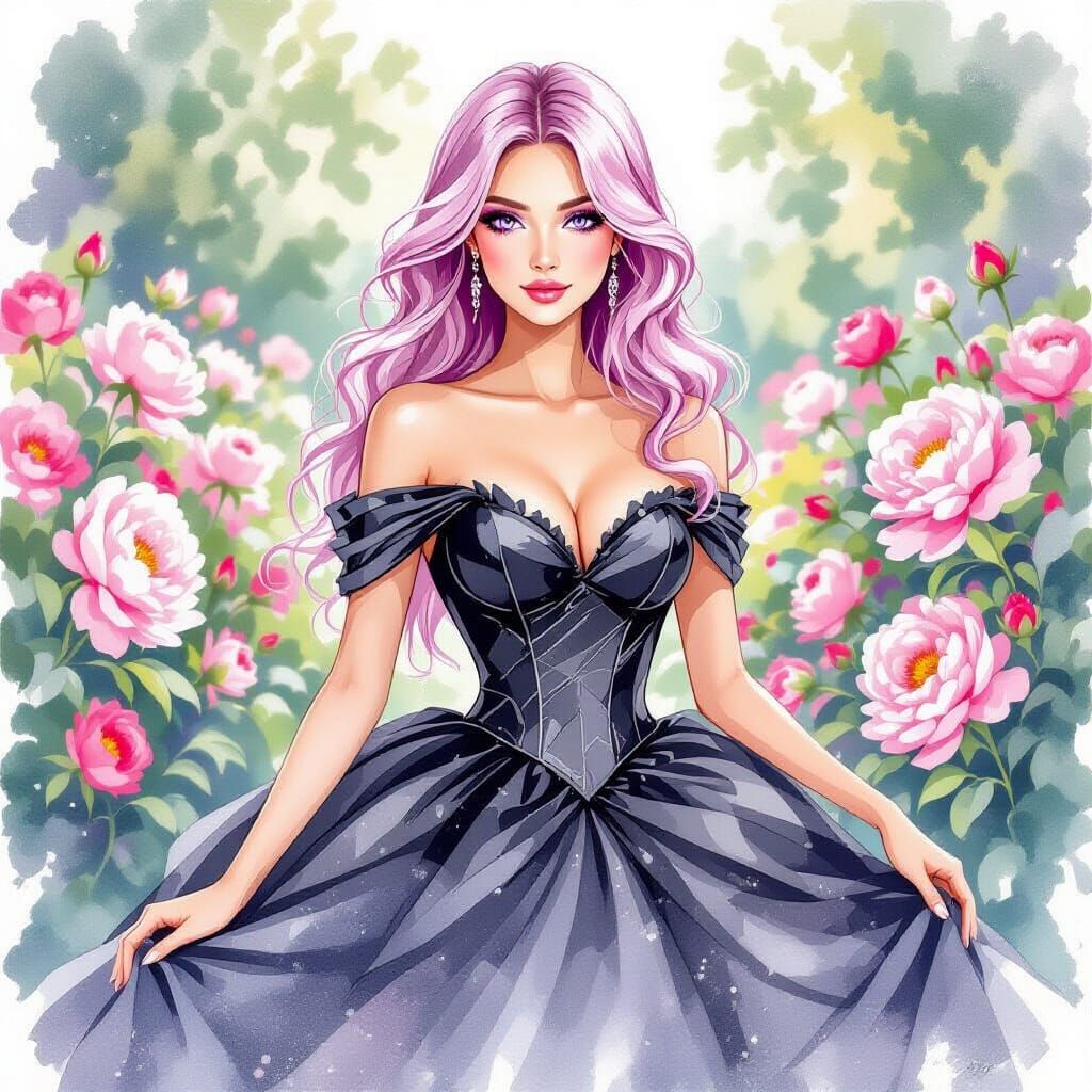 Pink-Haired Woman in Peony Garden, Watercolor Style