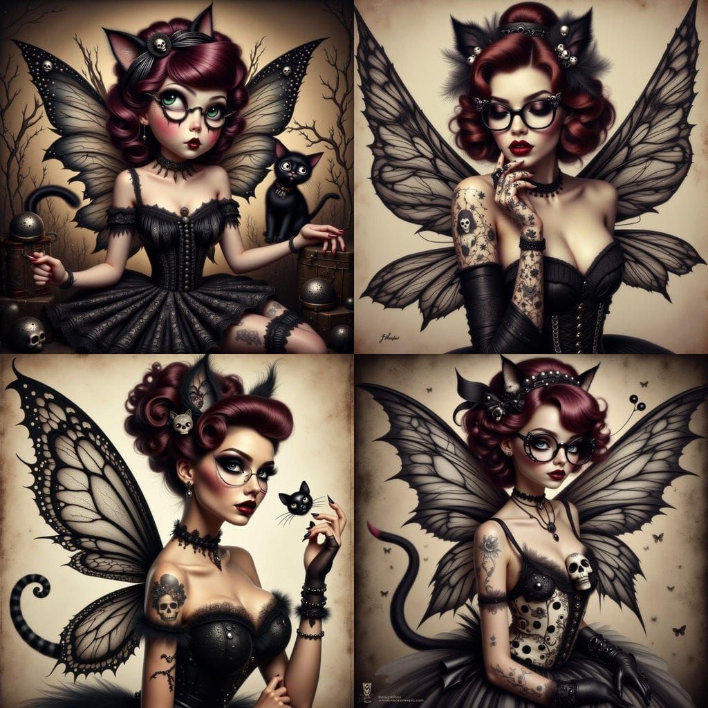 Rockabilly Goth Cat Fairy Pin-Up with Vintage Style