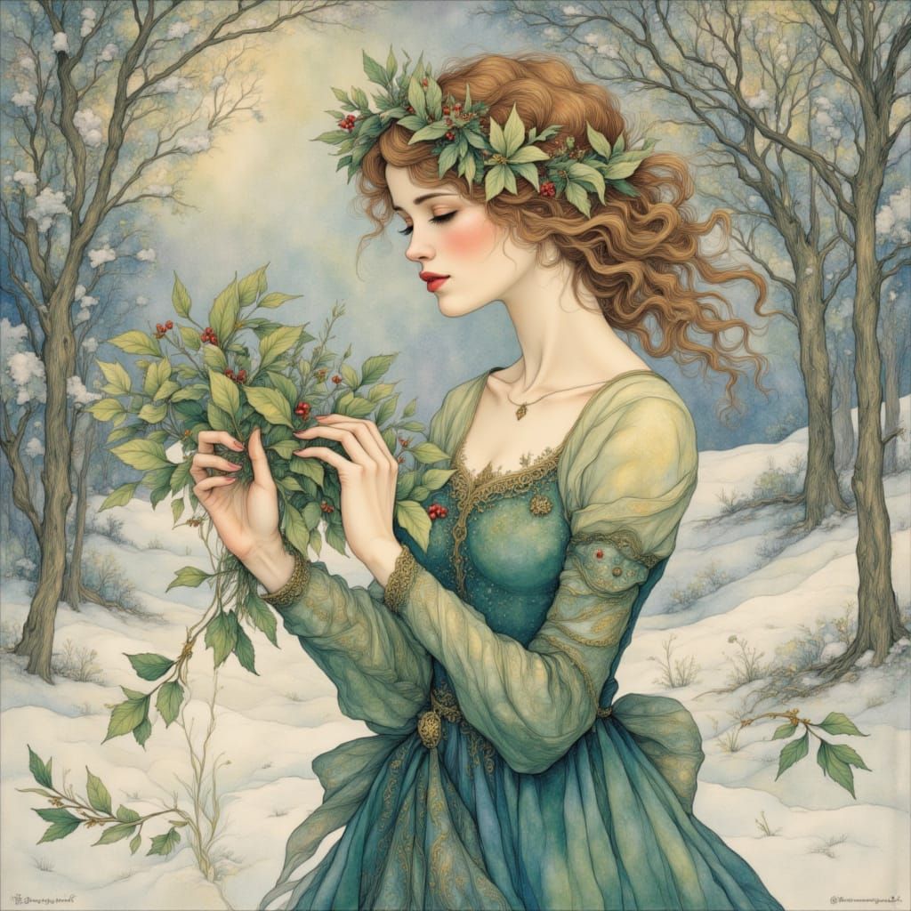 Art Nouveau Woman Gathers Holly in Snowy Garden