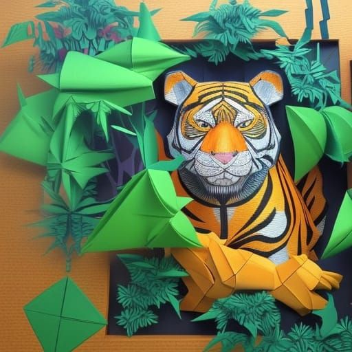 Elaborate Paper Tiger in Origami Jungle, 3D Sculpture