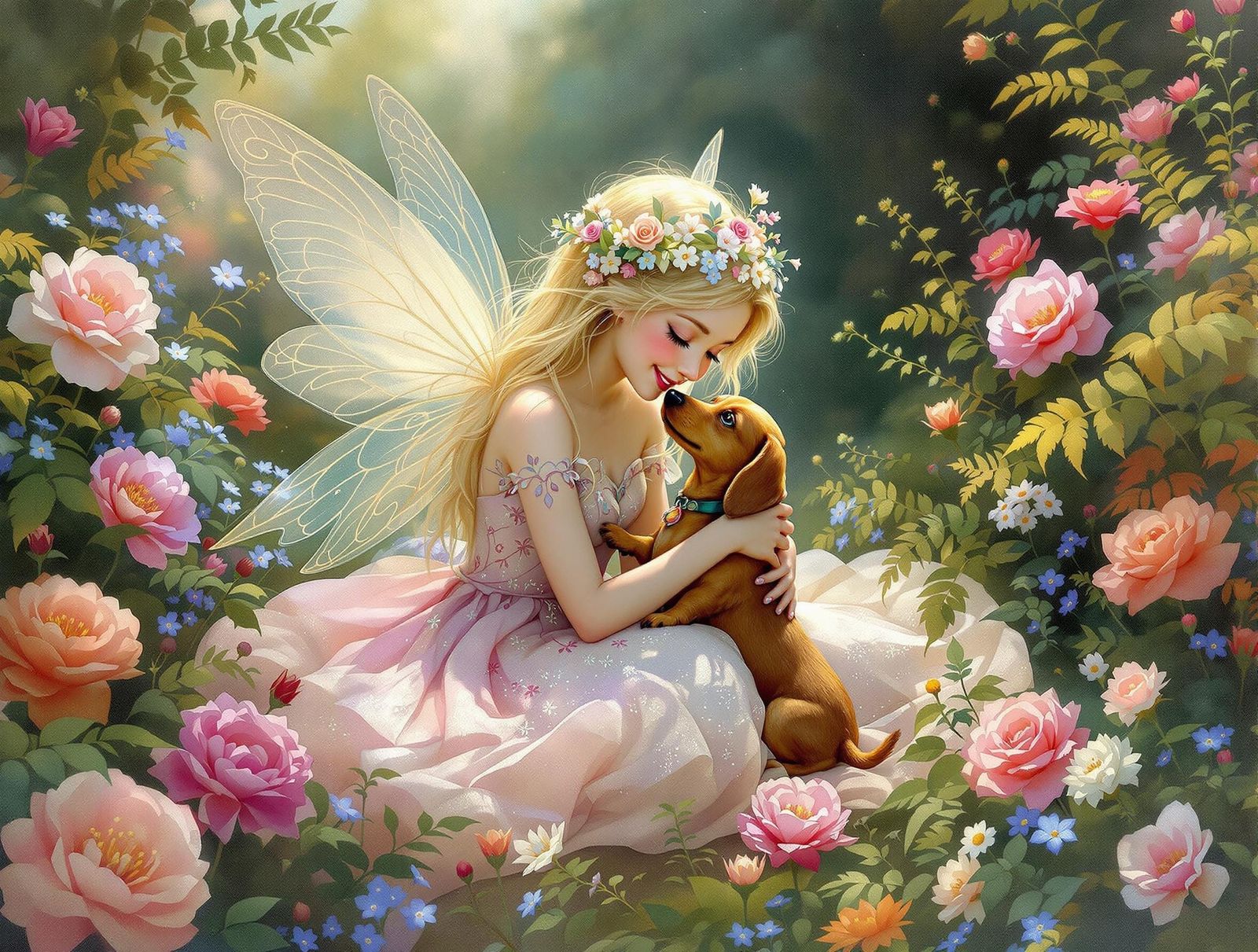 Whimsical Fairy Girl and Her Faithful Canine Companion in a ...